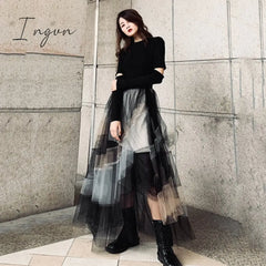 Ingvn - Women Mesh Skirt 2023 Spring High Waist Skirts Female Contrast Color Long Length Fashion