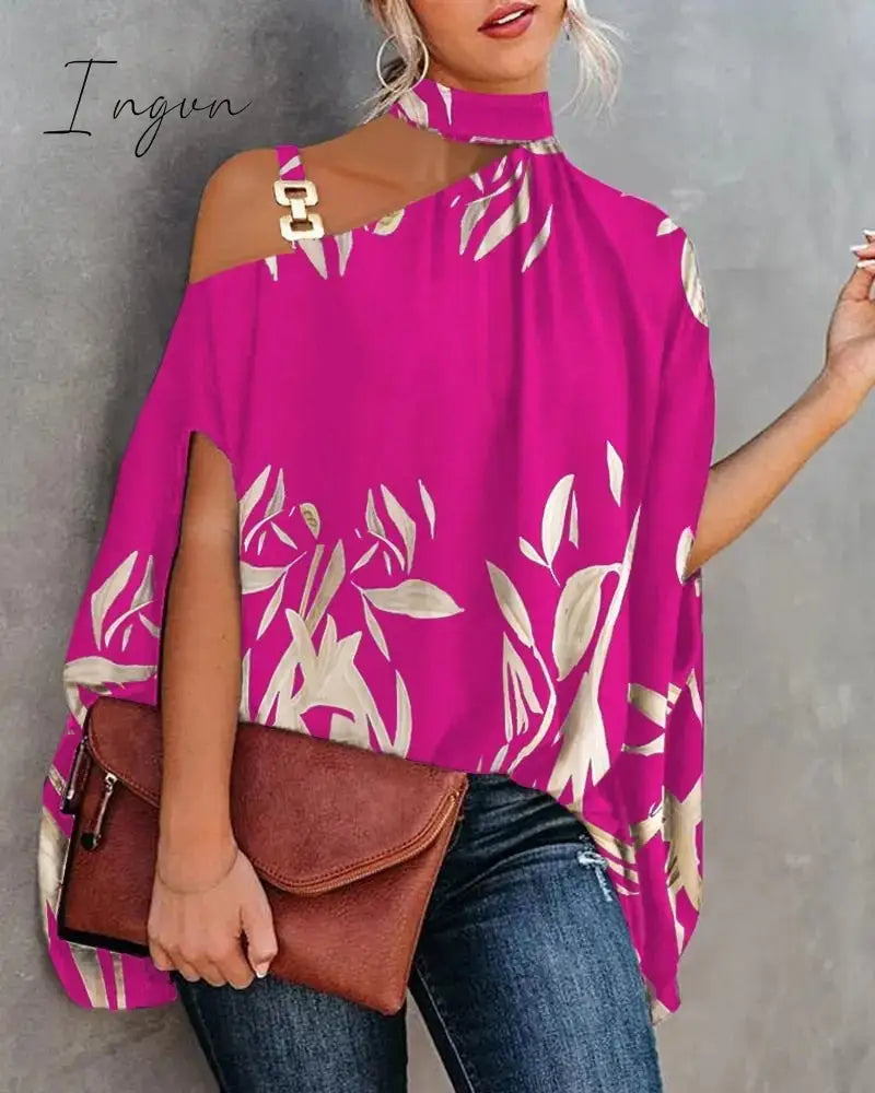 Ingvn - Women Metal Halter Hollow Out Print Top Patchwork Short Sleeve Loose Summer Blouse Femme