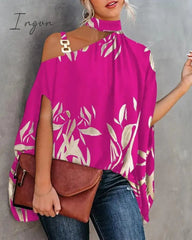 Ingvn - Women Metal Halter Hollow Out Print Top Patchwork Short Sleeve Loose Summer Blouse Femme