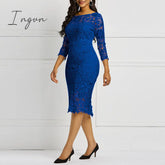 Ingvn - Women Midi Dress Hot Sale Elegant Sexy Ol Bodycon Floral Hollow Lace Female Fashion Evening