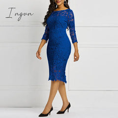 Ingvn - Women Midi Dress Hot Sale Elegant Sexy Ol Bodycon Floral Hollow Lace Female Fashion Evening