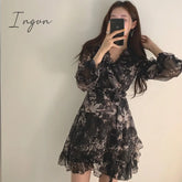 Ingvn - Women Mini Dress Spring New V - Neck Floral Chiffon High Waist Flare Sleeve Female