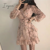 Ingvn - Women Mini Dress Spring New V - Neck Floral Chiffon High Waist Flare Sleeve Female