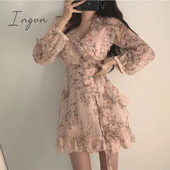 Ingvn - Women Mini Dress Spring New V - Neck Floral Chiffon High Waist Flare Sleeve Female