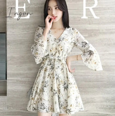 Ingvn - Women Mini Dress Spring New V - Neck Floral Chiffon High Waist Flare Sleeve Female