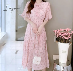 Ingvn - Women Mini Dress Spring New V - Neck Floral Chiffon High Waist Flare Sleeve Female