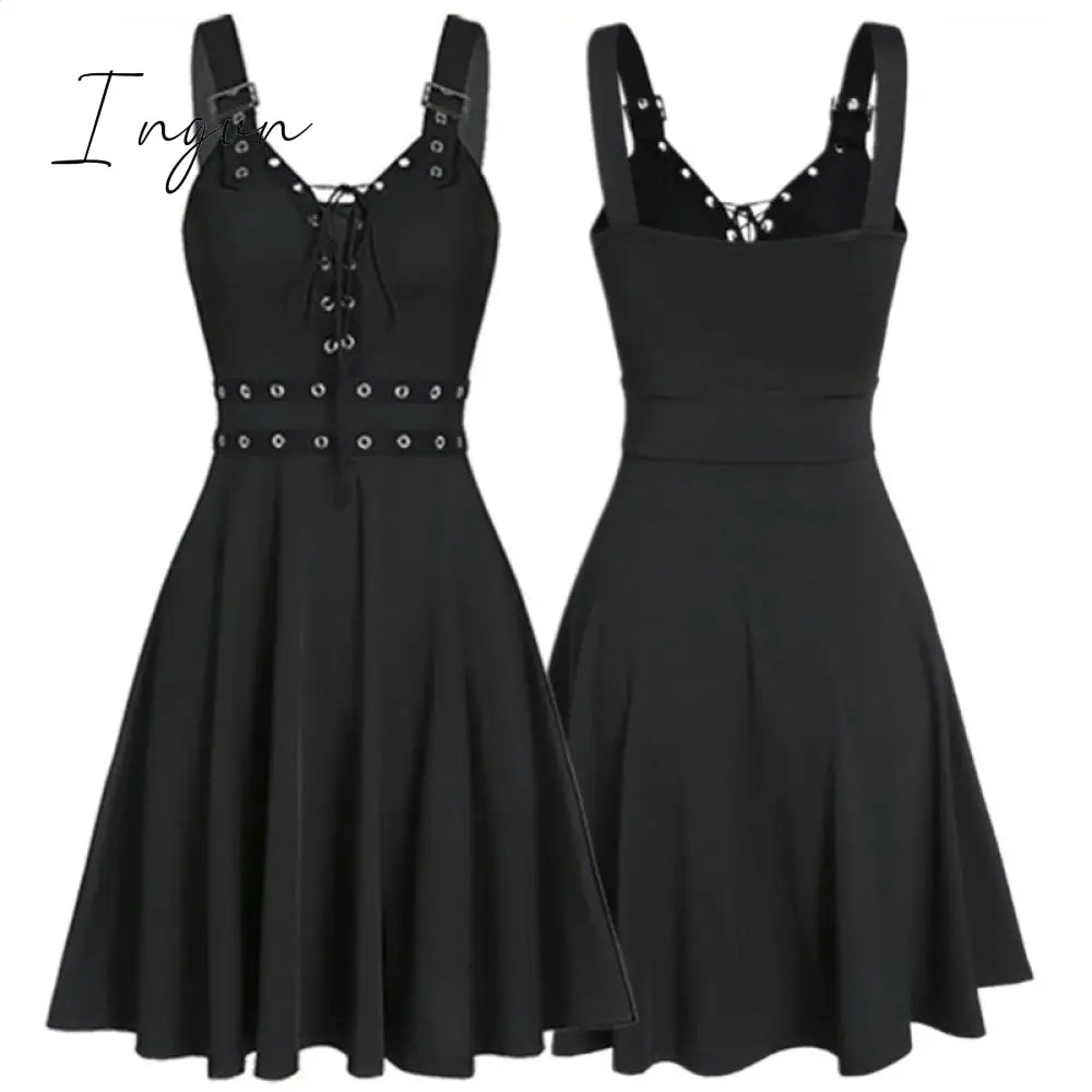 Ingvn - Women Mini Dresses Gothic Black Sexy Deep V Neck 2023 Fall Punk Sleeveless Rivet Fashion