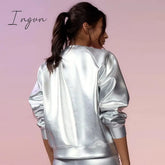 Ingvn - Women O Neck Long Sleeve Metallic Silver Pullovers Coat Sexy Casual Pu Sweatshirt 2023