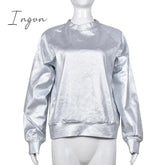 Ingvn - Women O Neck Long Sleeve Metallic Silver Pullovers Coat Sexy Casual Pu Sweatshirt 2023