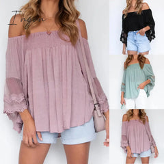 Ingvn - Women Off Shoulder Solid Tops Fashion Short Sleeve Backless Tassel Irregular Blouse Female
