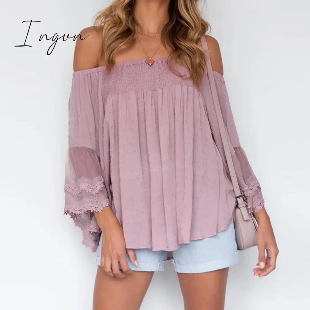 Ingvn - Women Off Shoulder Solid Tops Fashion Short Sleeve Backless Tassel Irregular Blouse Female