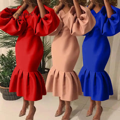 Ingvn - Women Party Dress V Neck Long Puff Sleeves Bodycon Sexy Event Occasion African Female
