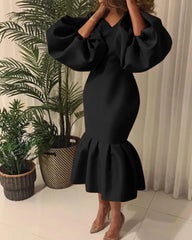 Ingvn - Women Party Dress V Neck Long Puff Sleeves Bodycon Sexy Event Occasion African Female