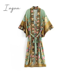 Ingvn - Women Peacock Floral Print Bat Sleeve Beach Bohemian Kimono Robe Ladies V Neck Tassel