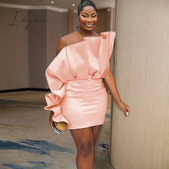 Ingvn - Women Pink Dress Party Ruffle Stylish Occasion Celebrate Sleveless Mesh Patchwork Elegant