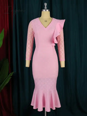 Ingvn - Women Pink Lace Dresses Midi Mermaid Long Sleeve African Ladies Party Birthday Dress