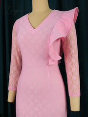 Ingvn - Women Pink Lace Dresses Midi Mermaid Long Sleeve African Ladies Party Birthday Dress