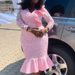 Ingvn - Women Pink Lace Dresses Midi Mermaid Long Sleeve African Ladies Party Birthday Dress