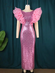 Ingvn - Women Pink Sequin Dress Puff Ruffle Sleeve Bodycon Sparkly Elegant Party Club Birthday