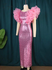 Ingvn - Women Pink Sequin Dress Puff Ruffle Sleeve Bodycon Sparkly Elegant Party Club Birthday