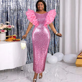 Ingvn - Women Pink Sequin Dress Puff Ruffle Sleeve Bodycon Sparkly Elegant Party Club Birthday