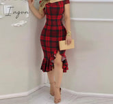 Ingvn - Women Plaid Off Shoulder Ruffle Hem Slit Dress Party Sexy Elegant Fashion