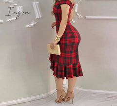 Ingvn - Women Plaid Off Shoulder Ruffle Hem Slit Dress Party Sexy Elegant Fashion
