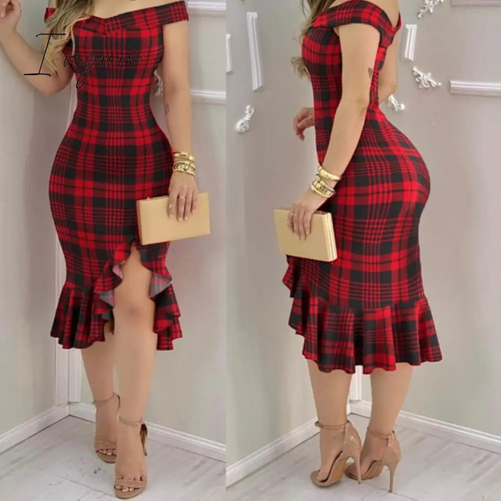 Ingvn - Women Plaid Off Shoulder Ruffle Hem Slit Dress Party Sexy Elegant Fashion Red / S