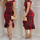 Ingvn - Women Plaid Off Shoulder Ruffle Hem Slit Dress Party Sexy Elegant Fashion Red / S