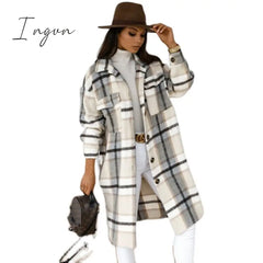 Ingvn - Women Plaid Printed Warm Jacket Autumn Winter New Fashion Casual Long Overcoat Pop Lapel