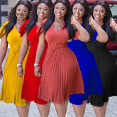 Ingvn - Women Pleated Dresses High Waist Short Sleeves A Line Modest African Office Ladies Work