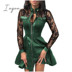 Ingvn - Women Plus Size 5Xl Summer Lace Sleeve Pu Faux Leather Mini Dress V - Neck Zipper Party