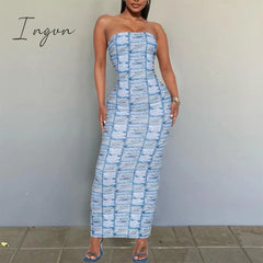 Ingvn - Women Print Off-Shoulder Sleeveless Maxi Dress 2023 Summer Elegant Strapless Bodycon