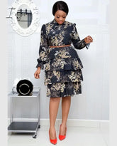 Ingvn - Women Printed Dresses Long Sleeves Bowtie Cake Dress Female Ruffles Pleated Africn Fashion