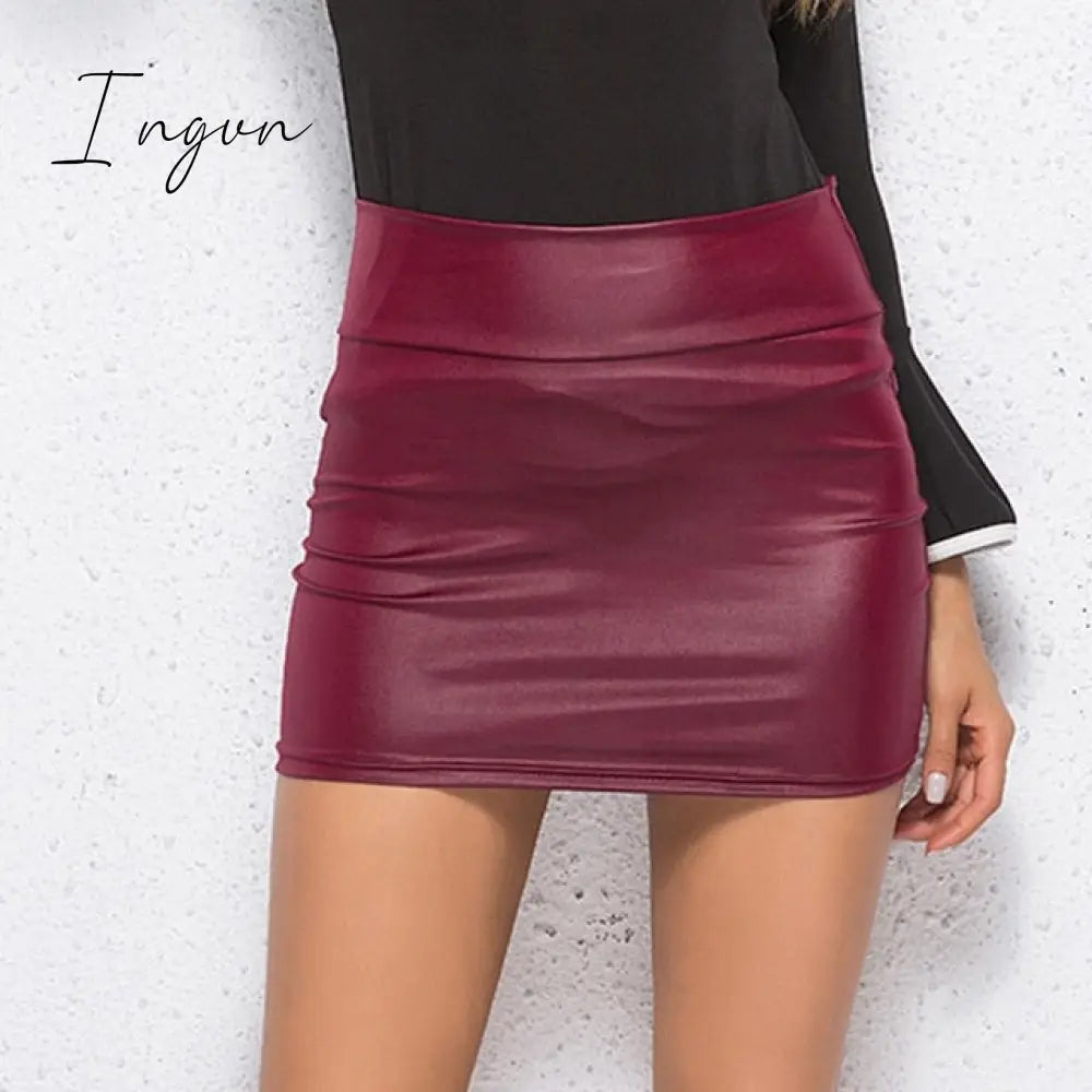 Ingvn - Women Pu Leather Skirt Red High Waist Slim Pencil Skirts Vintage Bodycon Sexy Clubwear
