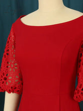 Ingvn - Women Red Dress Off Shoulder Lace Hollow Out Patchwork A Line Pleat Elegant Party Large