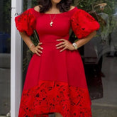 Ingvn - Women Red Dress Off Shoulder Lace Hollow Out Patchwork A Line Pleat Elegant Party Large