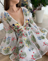Ingvn - Women’s Dress Spring Mesh Floral Embroidery Sexy V - Neck Dresses Cute Lantern Sleeve Mini