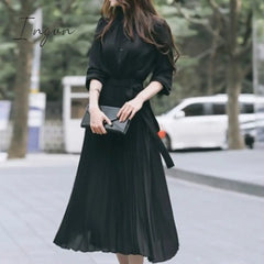 Ingvn - Women’s Dress Spring Pleated Fashion New Plaid Slim High Wasit Long Temperament Office