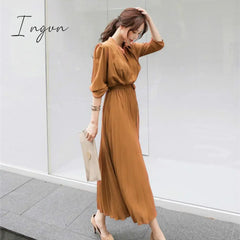 Ingvn - Women’s Dress Spring Pleated Fashion New Plaid Slim High Wasit Long Temperament Office