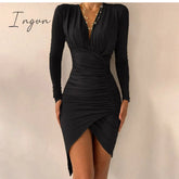 Ingvn - Women’s Spring Sexy Package Hips Long - Sleeve V - Neck Printed Slit Dress Clothing