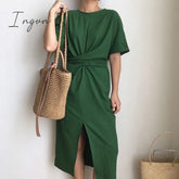 Ingvn - Women’s Summer Cotton Bodycon Vintage Long Dress Female Short Sleeve Bandage Vestidos