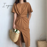 Ingvn - Women’s Summer Cotton Bodycon Vintage Long Dress Female Short Sleeve Bandage Vestidos