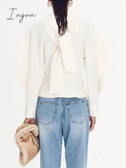 Ingvn - Women Scarf Collar Shirt Spring Summer New Lady Elegant Solid Color Casual Office Wear Long