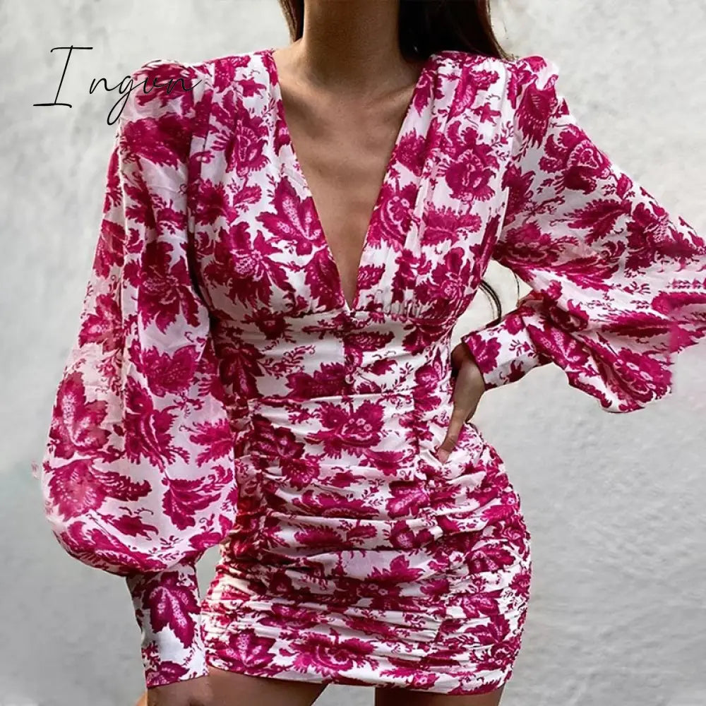 Ingvn - Women Sexy Deep V Neck Floral Print Long Lantern Sleeve Ruched Dress Summer Elegant Female