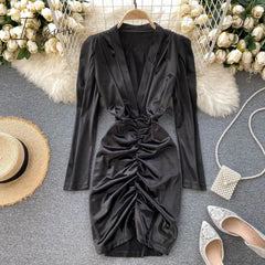 Ingvn - Women Sexy Deep V Short Dress Autumn Ruched Slim Solid Fashion Pencil Korean Style Chic