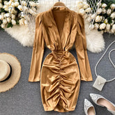 Ingvn - Women Sexy Deep V Short Dress Autumn Ruched Slim Solid Fashion Pencil Korean Style Chic