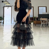 Ingvn - Women Sexy Solid Mesh Rhinestone Maxi Bodycon Formal Party Black Dresses