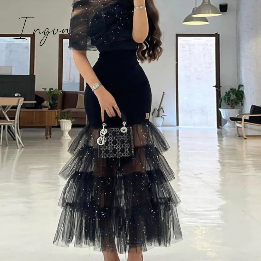 Ingvn - Women Sexy Solid Mesh Rhinestone Maxi Bodycon Formal Party Black Dresses