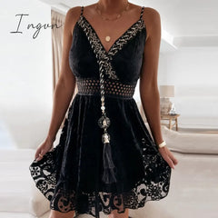 Ingvn - Women Sexy V Neck Tassel Long Dress Summer Sleeveless Off Shoulder Party Elegant Hollow Out